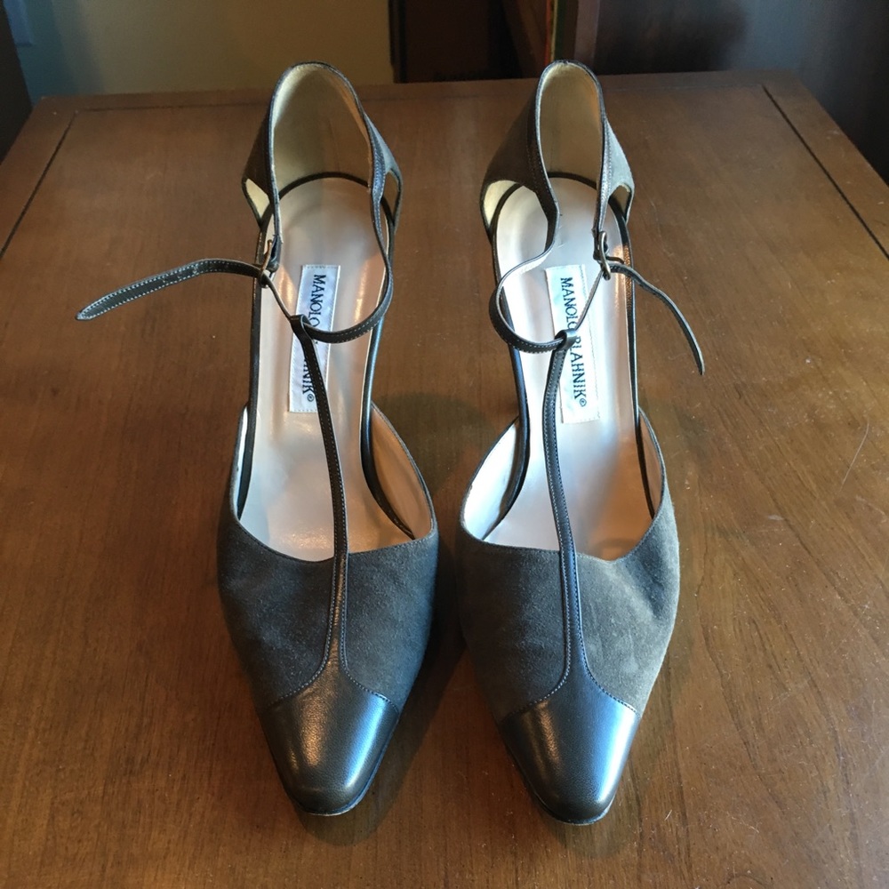 Grey t-strap Manolo Blahniks